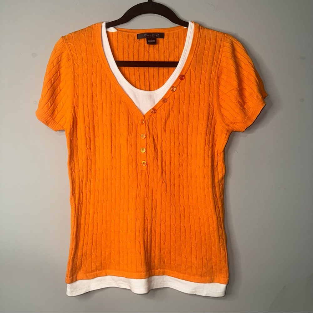 C'est City Womens Orange Cable Knit Layered Henley Short Sleeve Sweater Large